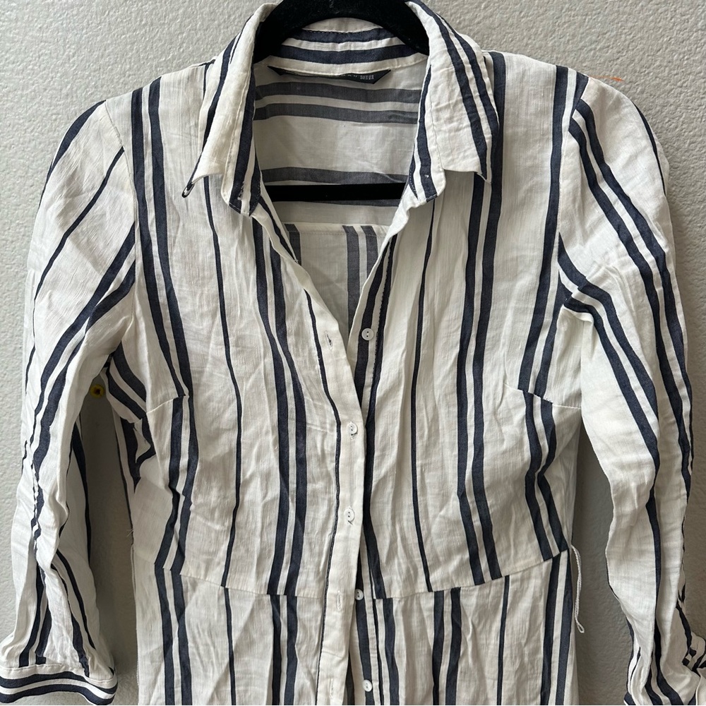 ZARA blue white striped linen blend shirt maxi dress womens XS missing belt ! - Picture 4 of 7